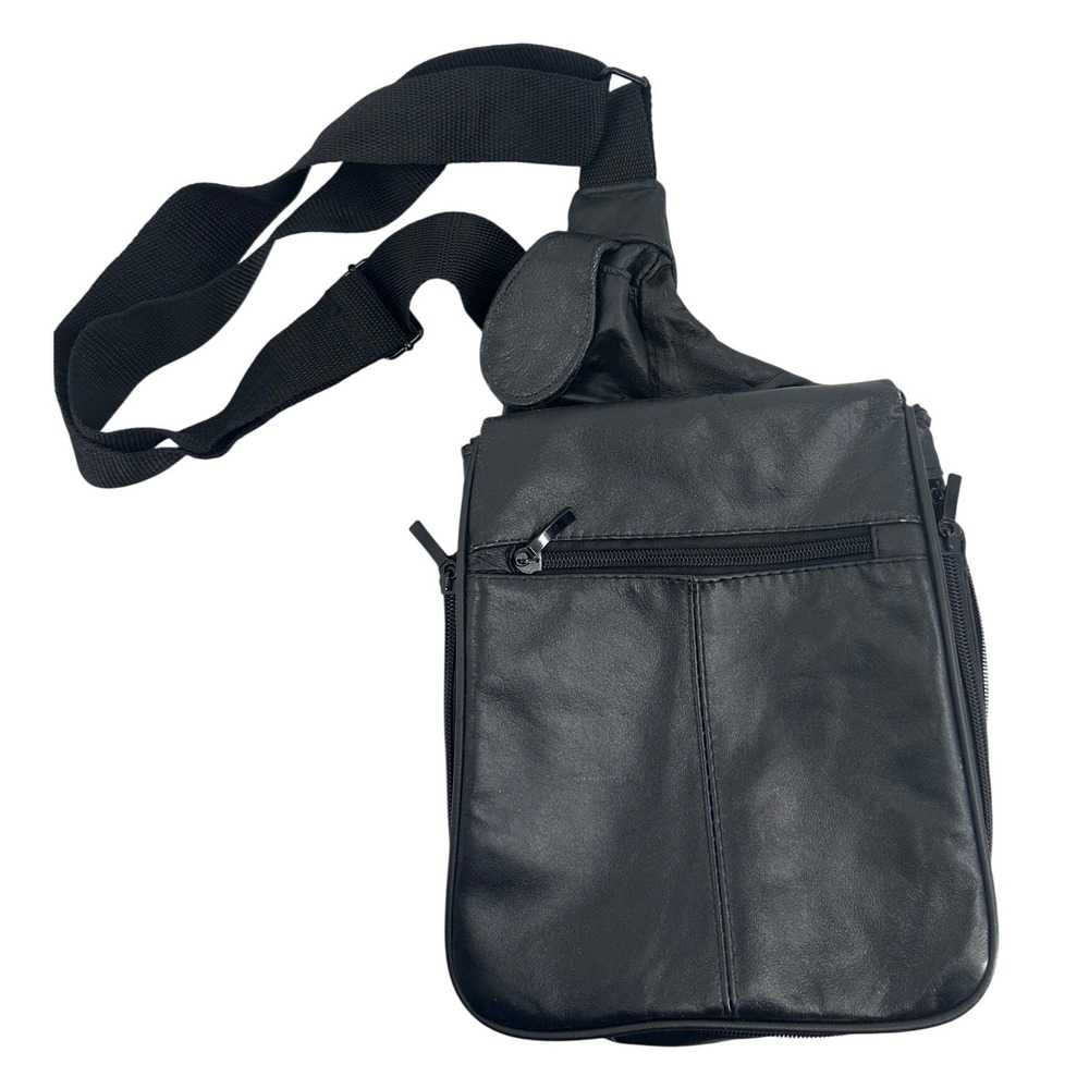 dB Design Black Genuine Leather Sling Bag Crossbody Travel Messenger MultiPocket